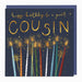 Greeting card with 'Happy Birthday to a great Cousin' text and colorful sparklers on a dark blue background.