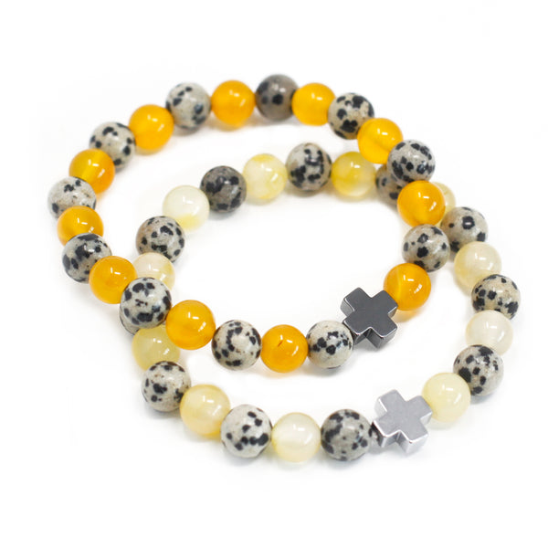 Set of 2 Gemstones Friendship Bracelets - Protection - Dalmation Jasper & Yellow Agate