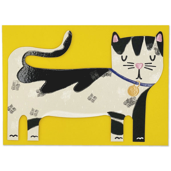 Raspberry Blossom Black And White Cat Greetings Card