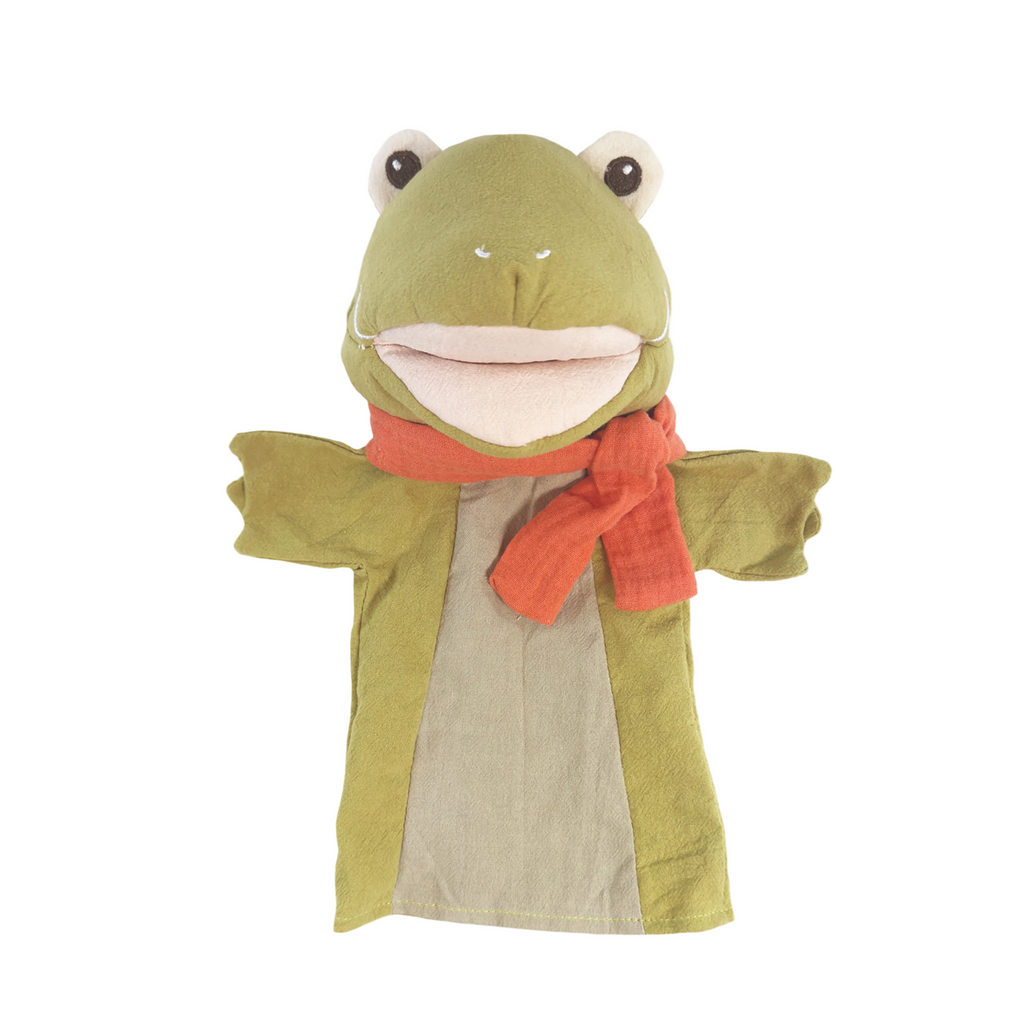 A plush frog hand puppet with an olive green body, beige belly panel, orange-red scarf, and white inner mouth, shown on a white background with an orange '60% off' banner in the top right.