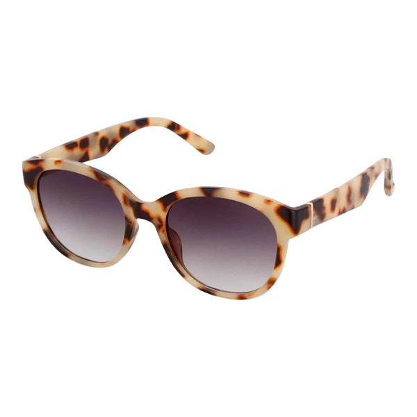 Sunglasses with tortoiseshell frame and gradient lenses on a light gray background