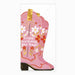 Pink cowboy boot-shaped card with floral design and 'happy birthday yee-haw!' text on a white background
