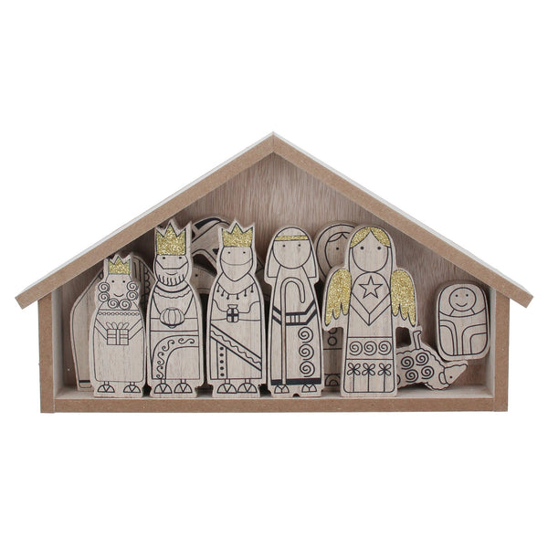 Gisela Graham Wood Ornament - Nativity Figures in Stable