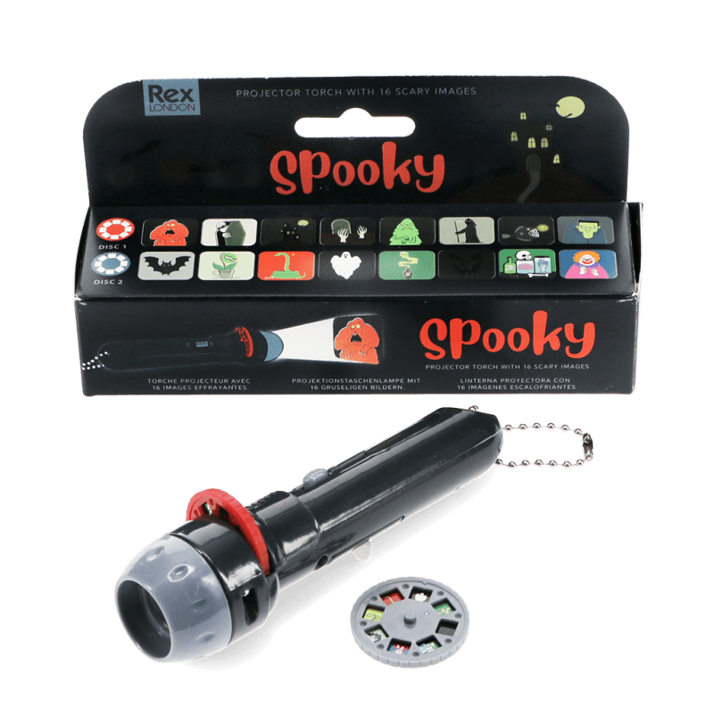 Spooky projector torch with packaging and interchangeable disc on a white background