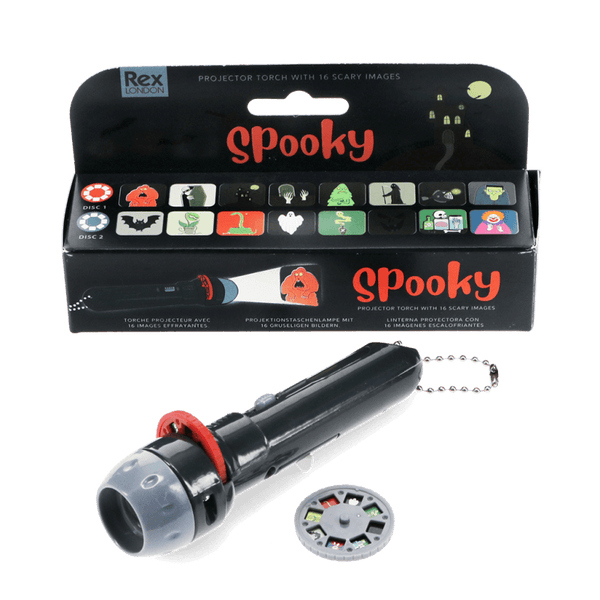 Spooky projector torch with packaging and interchangeable disc on a white background