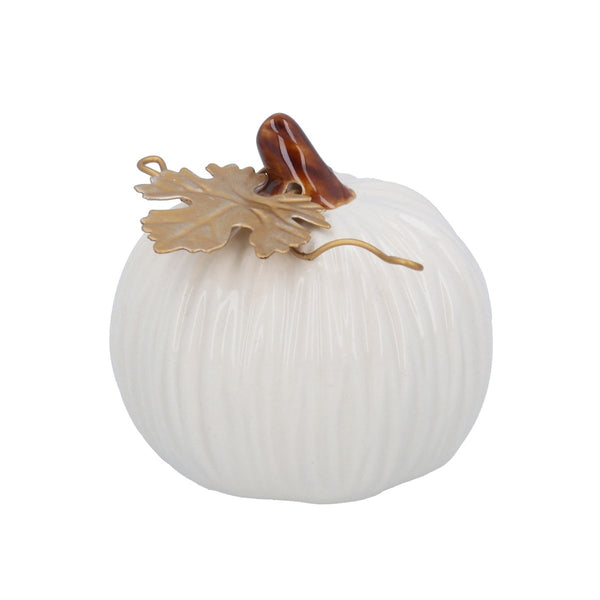 Gisela Graham Stoneware Orn 8cm - White Pumpkin with a Gold Leaf