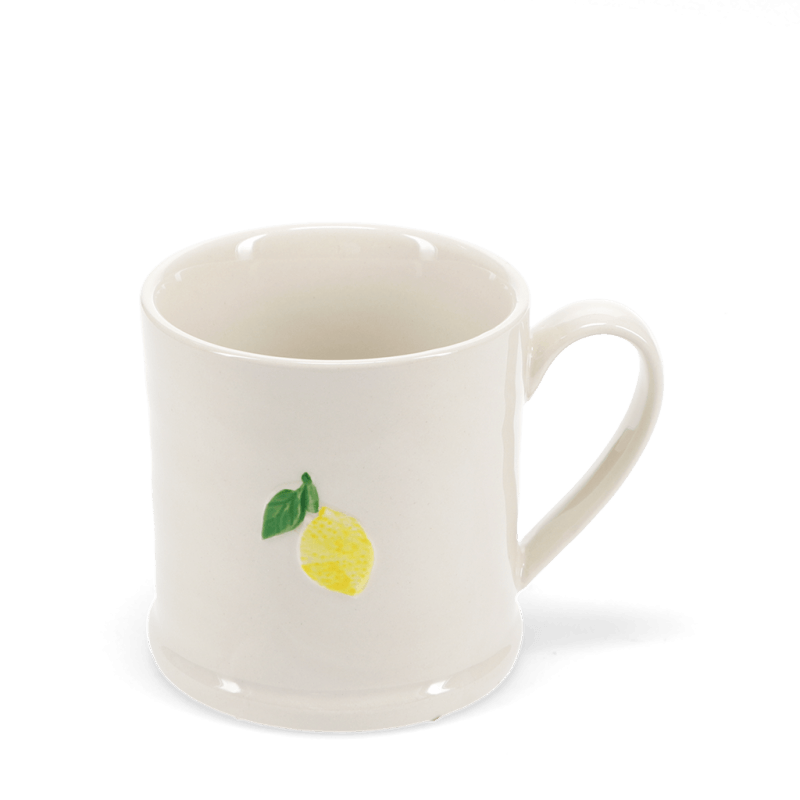 White mug with a lemon design on a transparent background