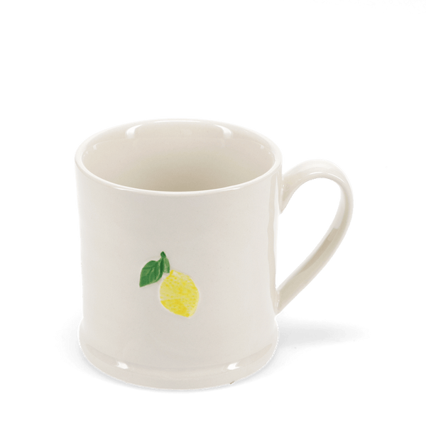 White mug with a lemon design on a transparent background