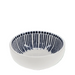 A small white ceramic bowl with a navy blue hand-painted vertical stripe pattern and a dotted border inside, shown against a solid green background.