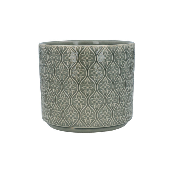 Green ceramic pot with decorative pattern on a white background