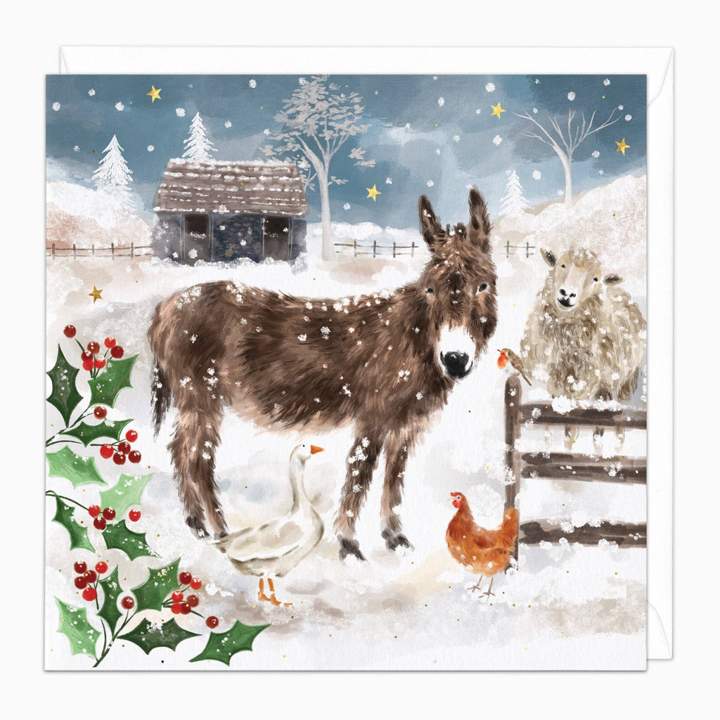 Festive card with donkey, sheep, goose, and chicken in a snowy landscape.