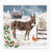 Festive card with donkey, sheep, goose, and chicken in a snowy landscape.