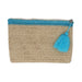Beige woven pouch with blue top and tassel on a white background