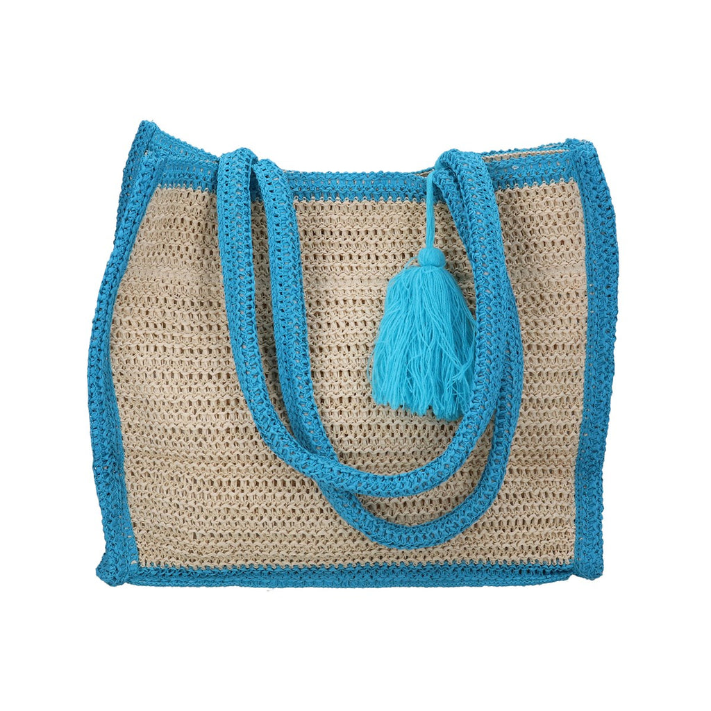 Beige woven bag with blue handles and tassel on a white background