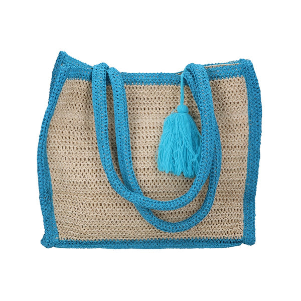 Beige woven bag with blue handles and tassel on a white background