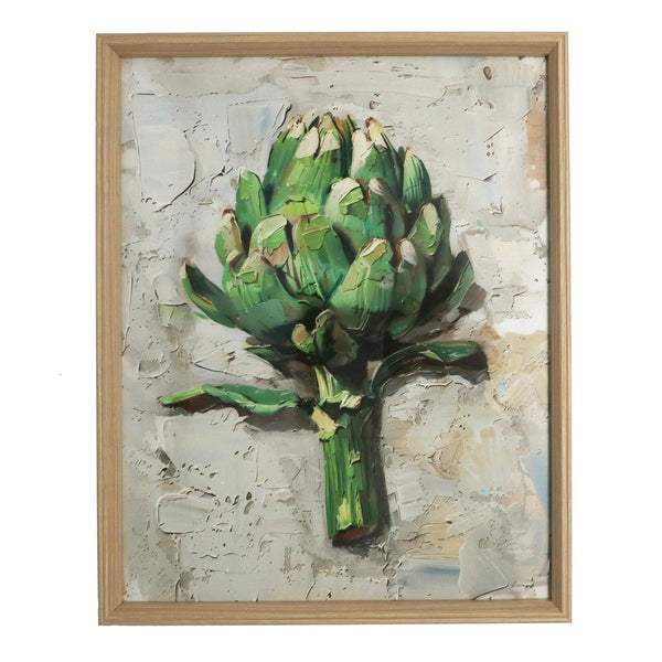 Framed artwork of a green artichoke on a textured beige background