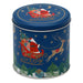 A round metal tin with a festive Christmas design featuring Santa Claus in a sleigh, a reindeer, stars, trees, and a small house on a dark blue background.