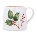 A white ceramic mug decorated with a hand-painted green holly leaf branch and red berries, shown against a plain white background.
