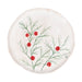 A round white ceramic plate with a hand-painted green holly branch pattern and red berries, shown against a plain white background.