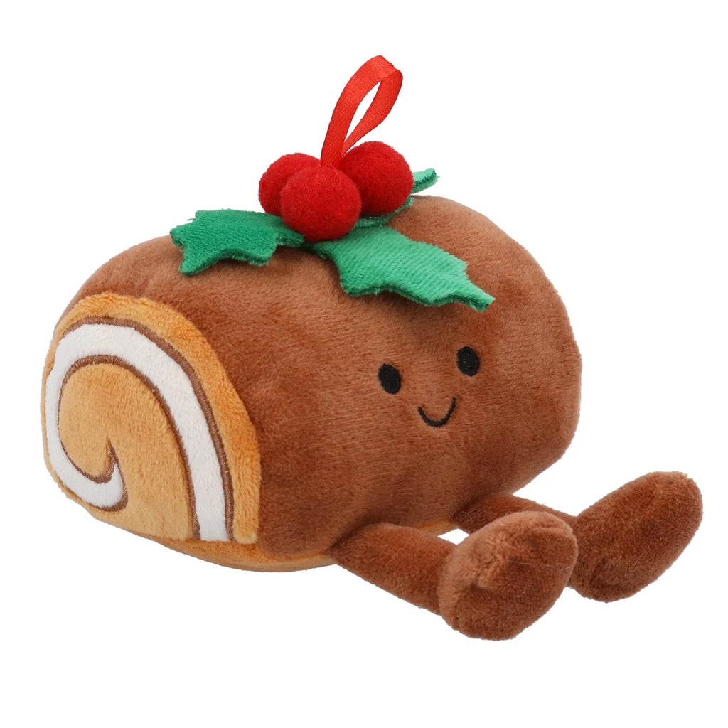 Plush toy resembling a Christmas pudding with a smiling face on a white background