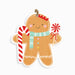 A gingerbread man Christmas ornament or wall hanging with a white border, decorated with a red-and-white striped candy cane in one hand and a red-and-white lollipop in the other. The gingerbread figure wears a mint green striped scarf, a small red hat, and colorful buttons, and hangs from a brown string on a plain white background.