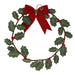 A felt Christmas wreath decoration with green holly leaves, small red berries, and a large red bow at the top, shown on a plain white background.