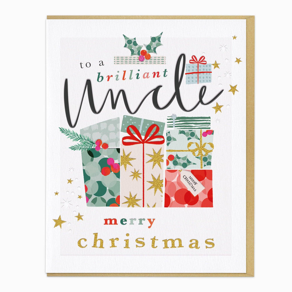 Christmas card for an uncle with colorful presents and text on a white background