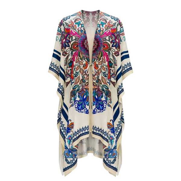 Colorful patterned kimono-style garment on a white background