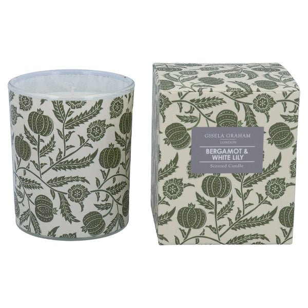 Scented candle with patterned container and matching box on a white background
