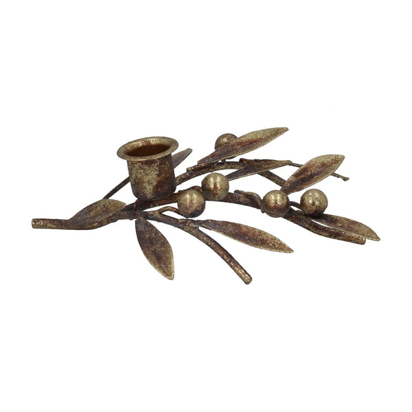 Gisela Graham Antique Gold Mistletoe Sprig & Berries Christmas Candle Holder