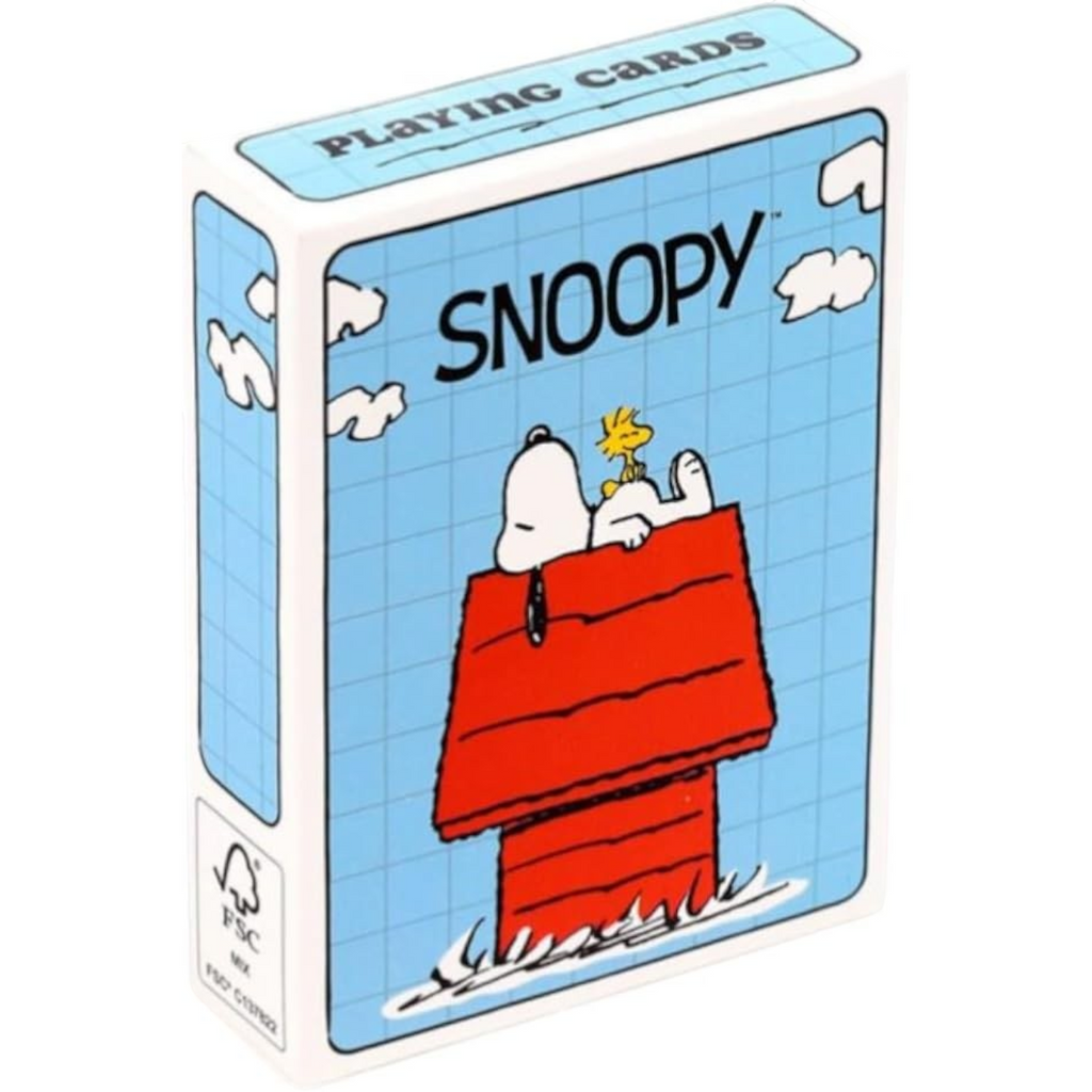 Mrs Best Paper Co. Peanuts Snoopy and Woodstock playing card deck in a blue grid box with a red doghouse illustration.