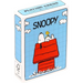 Mrs Best Paper Co. Peanuts Snoopy and Woodstock playing card deck in a blue grid box with a red doghouse illustration.