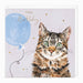 A square birthday card featuring a watercolor-style cat portrait on a pale lavender background, with a blue balloon and gold script reading 'Happy Birthday.' A white envelope is partially visible behind the card.