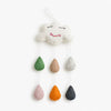 A handmade felt cloud wind spinner ornament with embroidered eyes and a smile, on a white background The cloud has six hanging felt raindrop shapes in green, peach, white, pink, orange, and blue, with a small wooden tag attached.