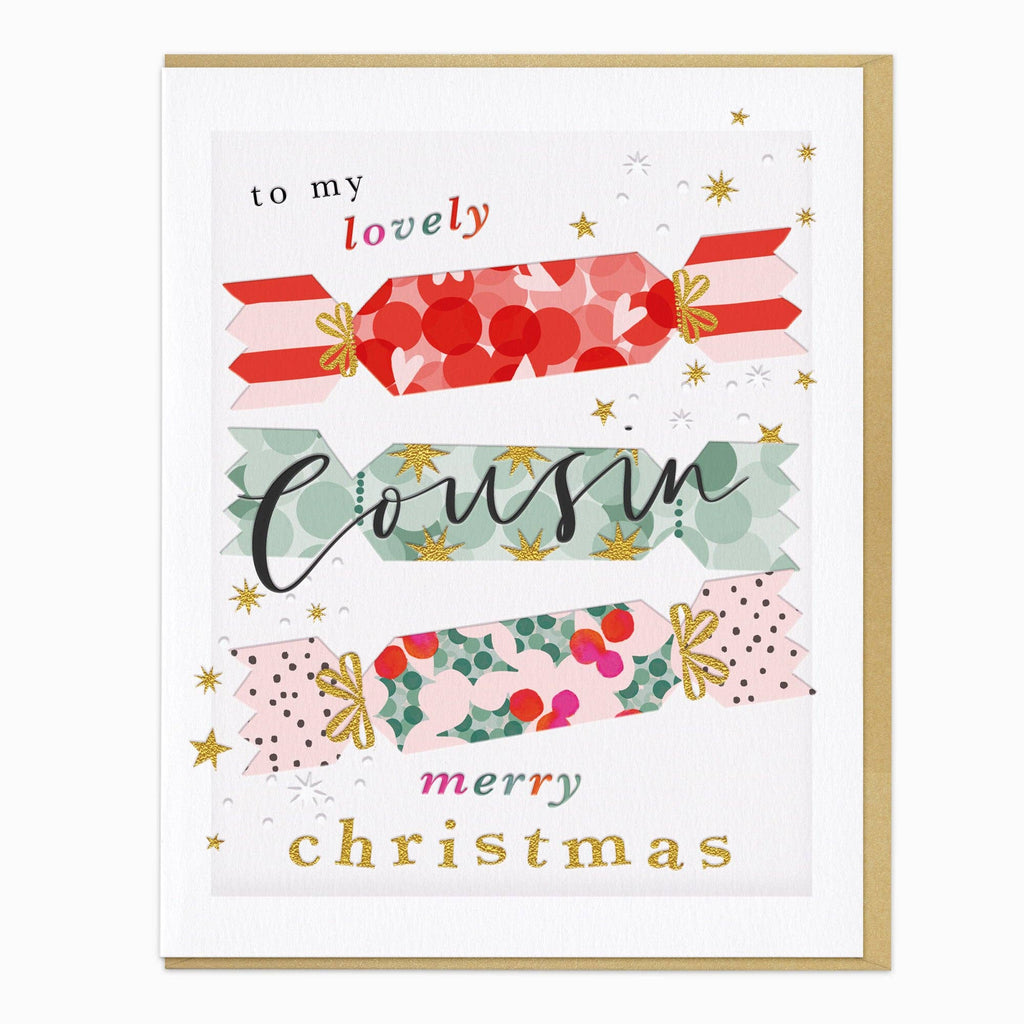 Christmas card with colorful candy designs and text for a cousin on a white background