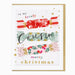 Christmas card with colorful candy designs and text for a cousin on a white background
