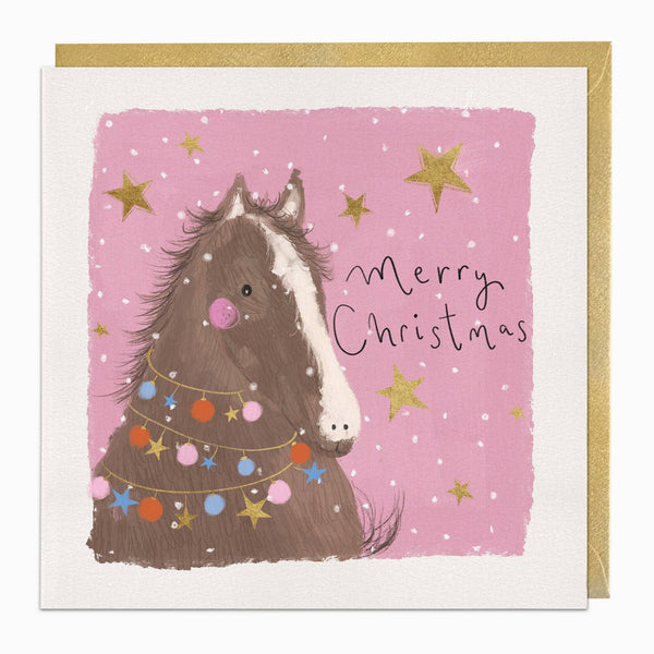 Christmas card with a horse illustration on a pink background with stars and 'Merry Christmas' text.