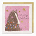 Christmas card with a horse illustration on a pink background with stars and 'Merry Christmas' text.