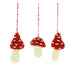 Three small crocheted mushroom ornaments hanging from red-and-white twisted strings against a plain white background.