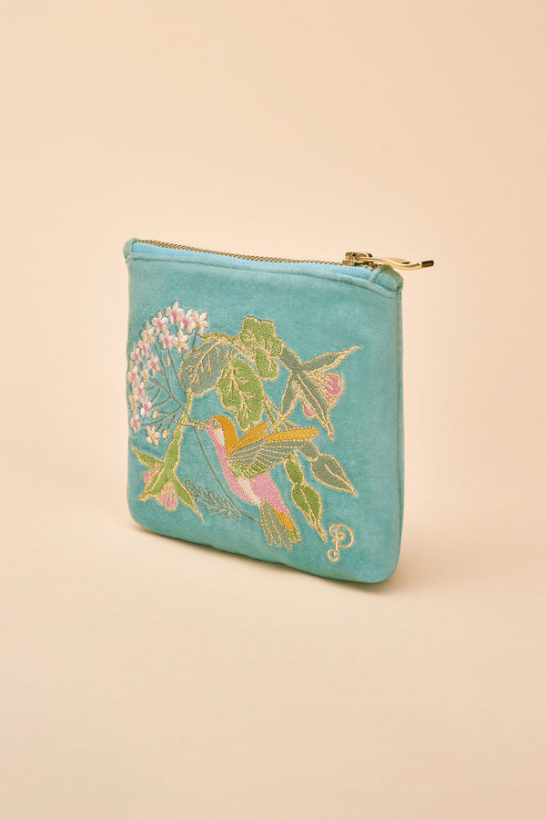 Powder Velvet Embroidered Mini Pouch - Hummingbird, Aqua