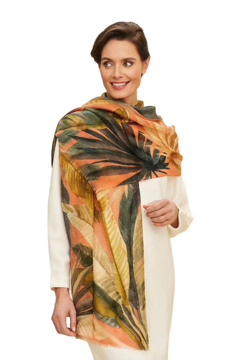 Powder Wool Wrap Painted Palms Scarf