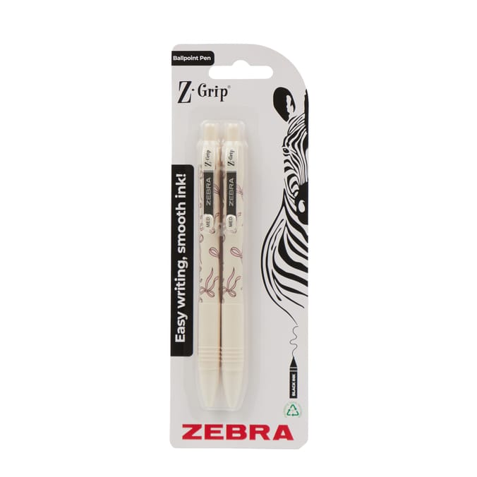 Zebra ballpoint pen in Z Grip packaging, featuring two cream-colored pens with a zebra stripe and foot print design on a white backing card.