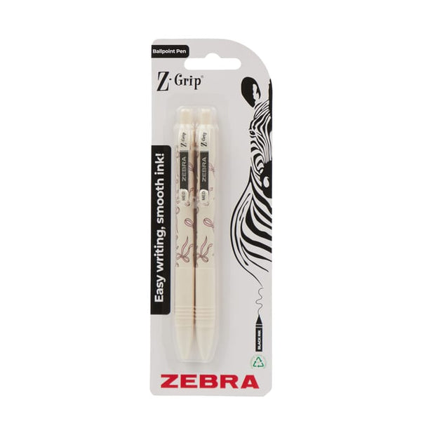 Zebra ballpoint pen in Z Grip packaging, featuring two cream-colored pens with a zebra stripe and foot print design on a white backing card.