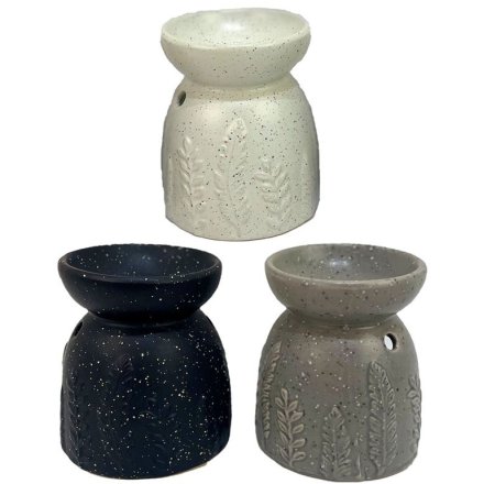Set of three ceramic oil burners in beige, black, and gray on a white background