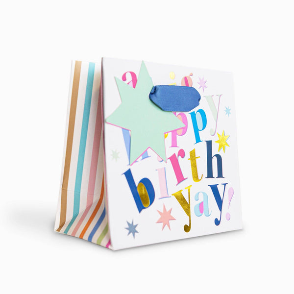 Colorful birthday gift bag with 'Happy Birthday' text on a white background