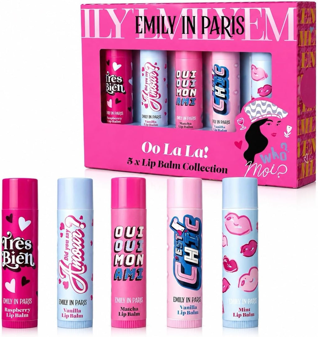 Emily in Paris Lip Balms - Raspberry, Vanilla, Matcha, Vanilla, Mint - Boxed Set