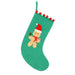 A green felt Christmas stocking with a gingerbread man decoration in the center and red, white, and green pom-pom trim along the top edge, shown against a plain white background.