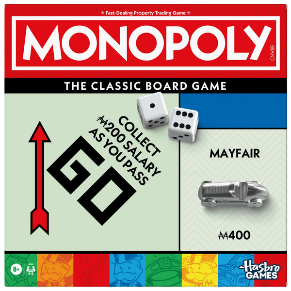 Monopoly board game packaging with dice and property piece