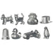 Collection of various metal novelty items on a white background