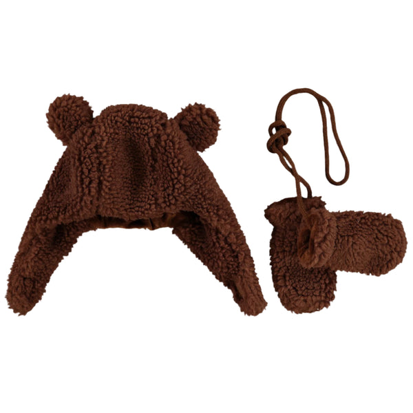 SARLINI Two Pack Brown Fluffy Mittens & Hat Set, 1-2 Years